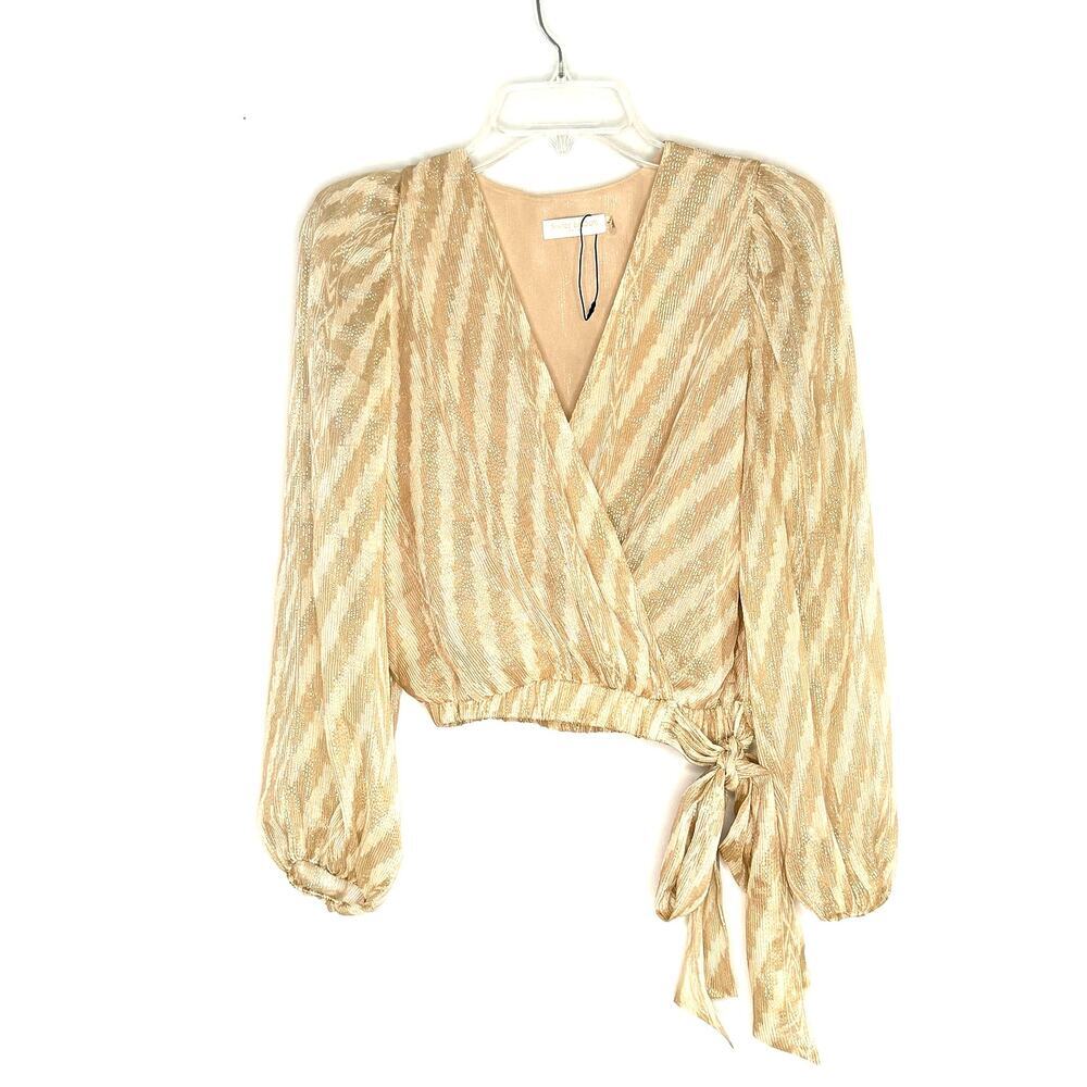 Ramy Brook Cream Silk Gold Metallic Puff Sleeve Elastic Waist Short Blouse XXS